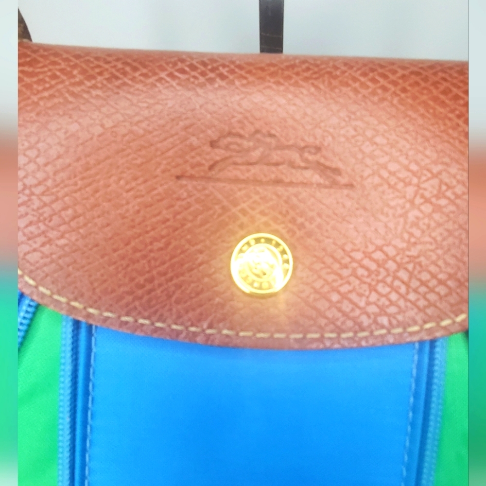 LONGCHAMP Stylish "Le Pliage"Small Expandable Top Handle Blue and Green Tote Bag - Picture 12 of 16